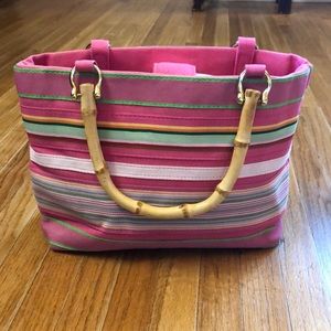 Preppy Grosgrain ribbon purse, bamboo handles.